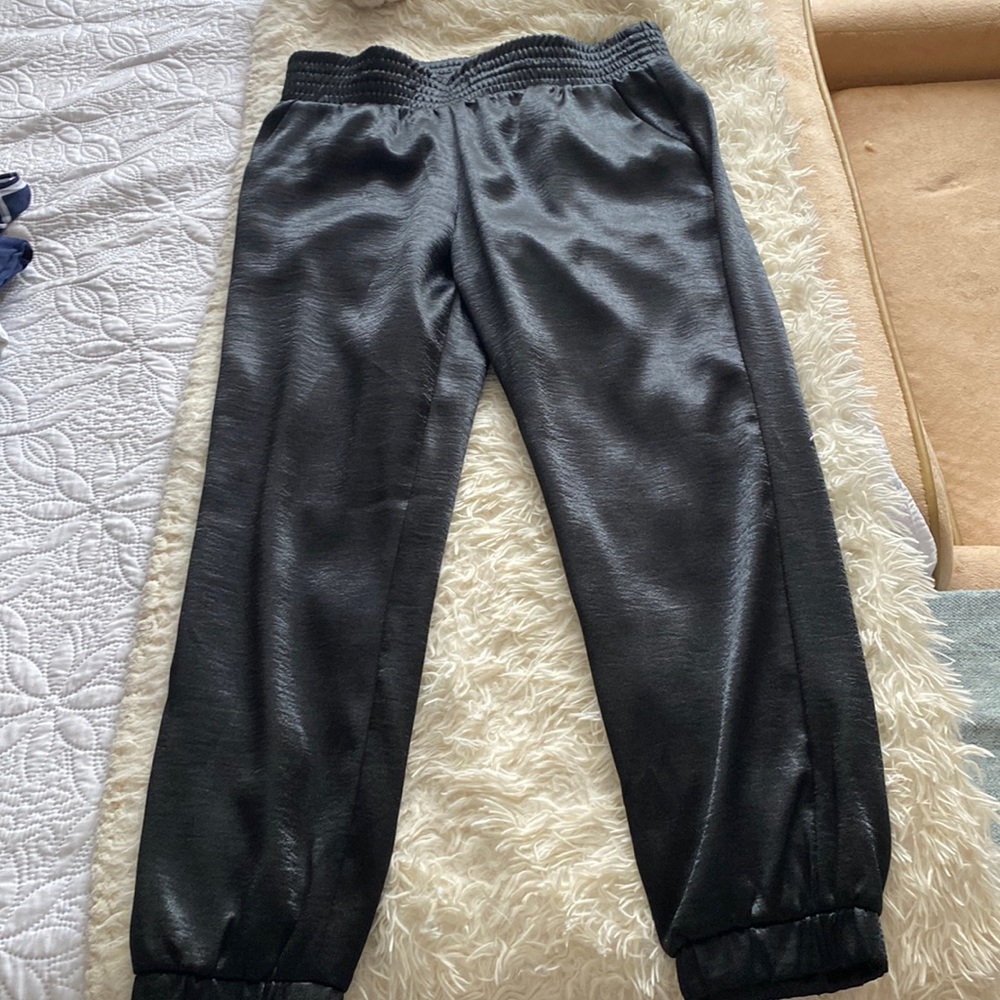 Black satin elastic waist pants